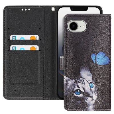 AVIZAR Etui pour iPhone 16e Motif Chat et Papillon Dragonne et Porte-Carte Noir