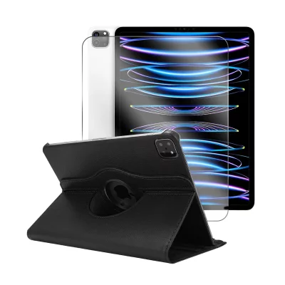 VISIODIRECT Etui rotatif en simili cuir + verre tremp&eacute; pour ipad pro 12.9 2022 - noir