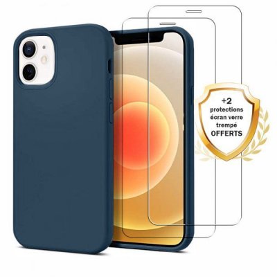 EVETANE  Coque pour iPhone 12 Mini antichoc Bleu Marine + 2 vitres
