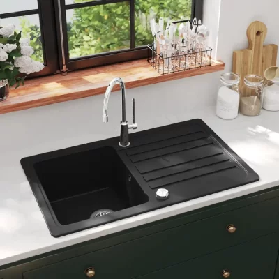 VIDAXL Evier de cuisine en granite avec &eacute;gouttoir r&eacute;versible noir