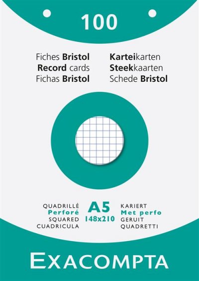 EXACOMPTA   fiches bristol, a5, quadrill&eacute;, blanc noir