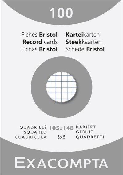 EXACOMPTA   fiches bristol, a6, quadrill&eacute;, blanc noir