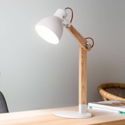 FABAS LUCE  Sveva Lampe de Bureau Blanc / Verre Bois de Fr&ecirc;ne, E27