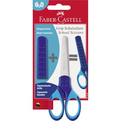 FABER-CASTELL  Ciseaux Scolaire Grip Bout Rond Avec Prot&egrave;ge-Lame Bleu