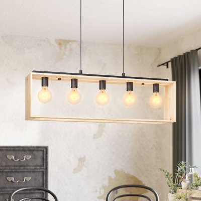EGLO Famborough plafonnier suspendu &agrave; 5 lampes, barre droite, noir, naturel