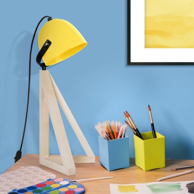 TOSEL Farum - lampe de bureau d&ocirc;me bois naturel et jaune