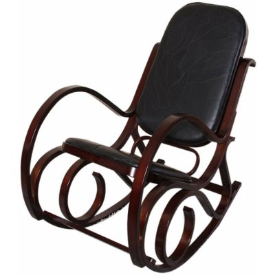 DECOSHOP26 Fauteuil &agrave; bascule rocking chair en bois fonc&eacute; assise en cuir noir FAB04010