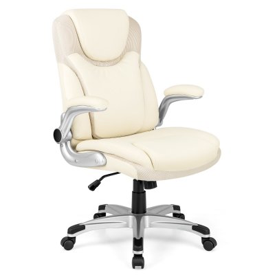 COSTWAY Fauteuil de Bureau Ergonomique, Chaise de Bureau en Cuir PU, &agrave; Bascule,Blanc