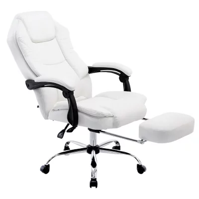 Fauteuil de bureau ergonomique en similicuir blanc avec repose-pieds et accoudoirs bur10378