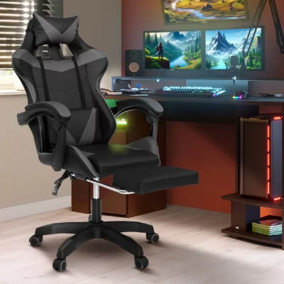 IDMARKET Fauteuil de gaming ALEX r&eacute;glable avec repose-pied, coussin de t&ecirc;te et coussin lombaire noir et gris