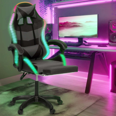 IDMARKET Fauteuil de gaming LED LUC avec repose-pied, coussin de t&ecirc;te et support lombaire noir et gris 