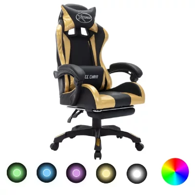 VIDAXL Fauteuil de jeux vid&eacute;o avec LED RVB Dor&eacute; et noir Similicuir