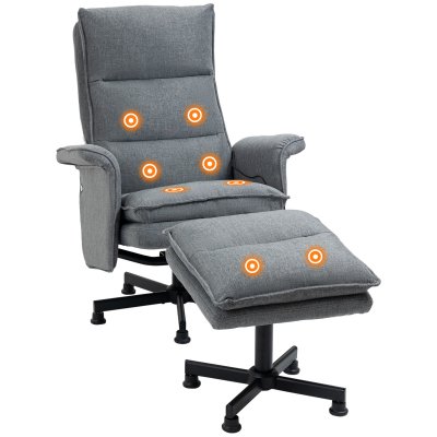 HOMCOM Fauteuil de massage avec repose-pied - style n&eacute;o-r&eacute;tro - ch&acirc;ssis acier noir aspect lin gris
