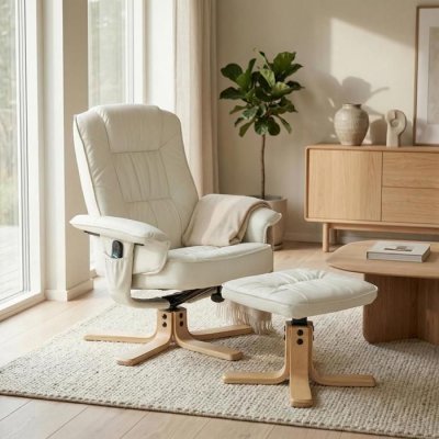 IDIMEX Fauteuil de relaxation avec repose-pieds CHARLY, en synth&eacute;tique blanc ivoire