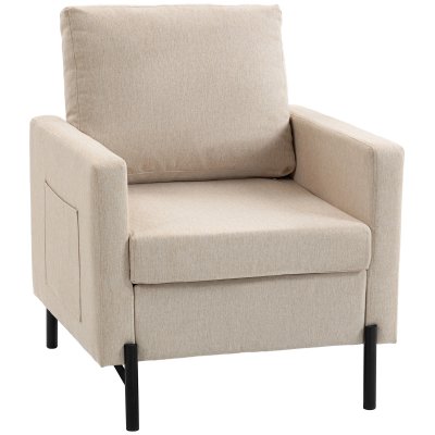 HOMCOM Fauteuil de salon avec poches lat&eacute;rales rembourr&eacute; pieds acier beige