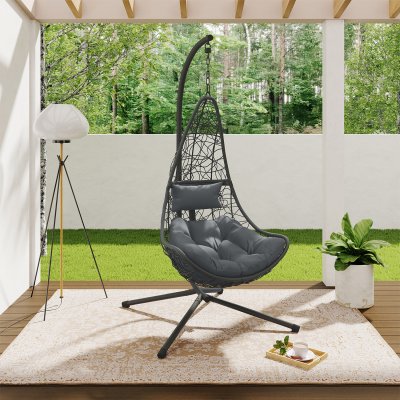 IDMARKET Fauteuil demi-lune suspendu ajour&eacute; effet rotin gris avec coussin gris