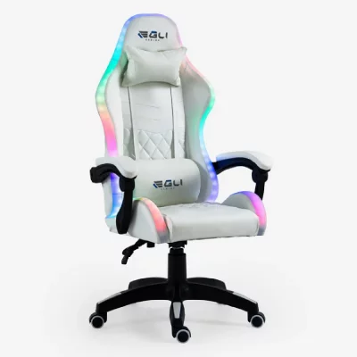 EGLI Fauteuil gamer blanc fauteuil led ergonomique inclinable avec coussin pixy  