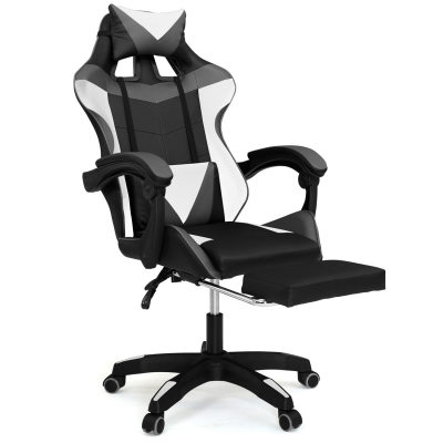 IDMARKET Fauteuil gamer r&eacute;glable, inclinable avec repose-pied et coussins noir, blanc et gris