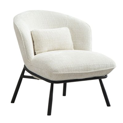 ALTOBUY Fauteuil lounge en tissu chenill&eacute; blanc pi&egrave;tement m&eacute;tal noir - GASBY