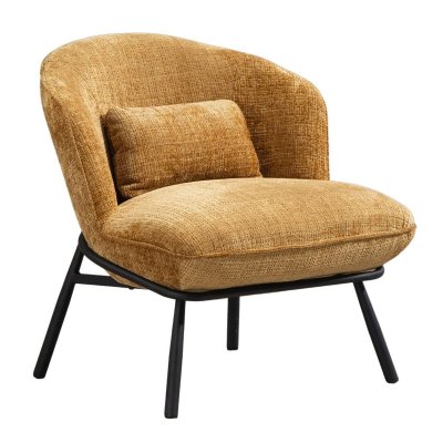 ALTOBUY Fauteuil lounge en tissu chenill&eacute; jaune moutarde pi&egrave;tement m&eacute;tal noir - GASBY -