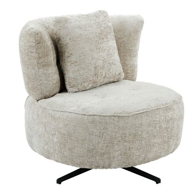 ALTOBUY Fauteuil Lounge Pivotant En Tissu Chenill&eacute; Beige Pi&egrave;tement M&eacute;tal Noir Avec Coussin Dorsal - Mirage