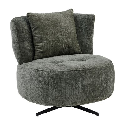 ALTOBUY Fauteuil lounge pivotant en tissu chenill&eacute; vert pi&egrave;tement m&eacute;tal noir avec coussin dorsal - MIRAGE -