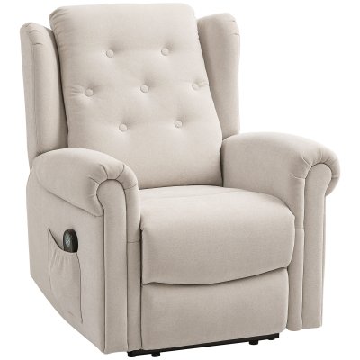 HOMCOM Fauteuil massant chauffant inclinable repose-pieds int&eacute;gr&eacute; poche rangement tissu toucher lin beige 