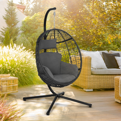IDMARKET Fauteuil oeuf suspendu ajour&eacute; noir avec coussin gris