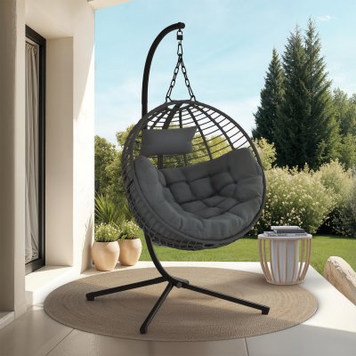 IDMARKET Fauteuil Rond Suspendu Ajour&eacute; Effet Rotin Gris Avec Coussin Gris