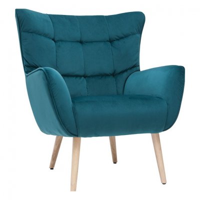 MILIBOO Fauteuil scandinave en tissu velours bleu p&eacute;trole et bois clair AVERY