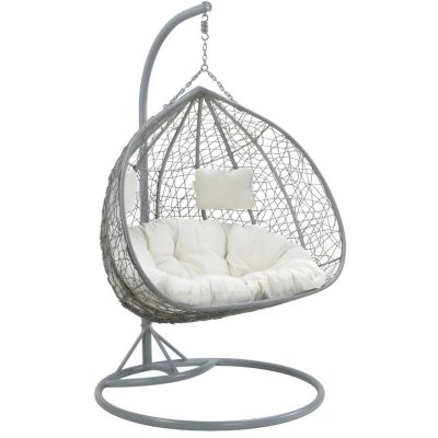 VENTE UNIQUE Fauteuil suspendu 2 places CAYAMBE en r&eacute;sine tress&eacute;e - Gris avec coussins blancs