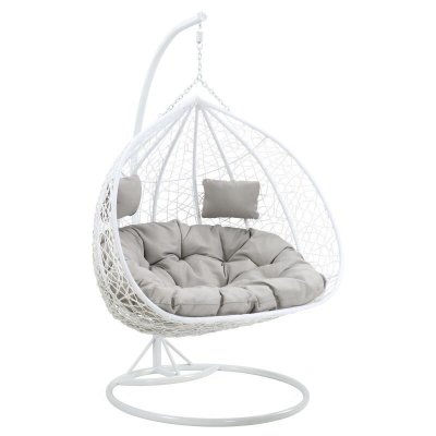 VENTE UNIQUE Fauteuil suspendu 2 places en r&eacute;sine tress&eacute;e - Blanc avec coussins gris - CAYAMBE de