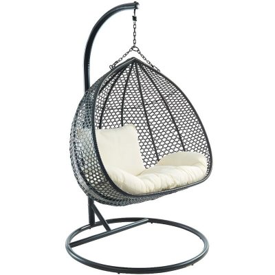 VENTE UNIQUE Fauteuil suspendu 2 places en r&eacute;sine tress&eacute;e noire et coussin blanc - VAHINA
