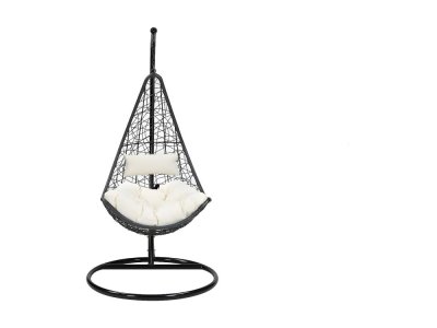 VENTE-UNIQUE Fauteuil suspendu en r&eacute;sine tress&eacute;e noire et coussins blancs - OROSI
