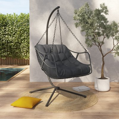 IDMARKET Fauteuil suspendu relax LOA ajour&eacute; effet rotin gris avec coussin gris