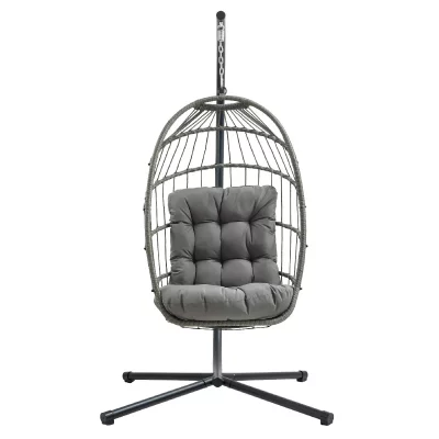 Fauteuil &OElig;uf Suspendu en Rotin Gris Pliante Ext&eacute;rieur Int&eacute;rieur Housse INCLUS