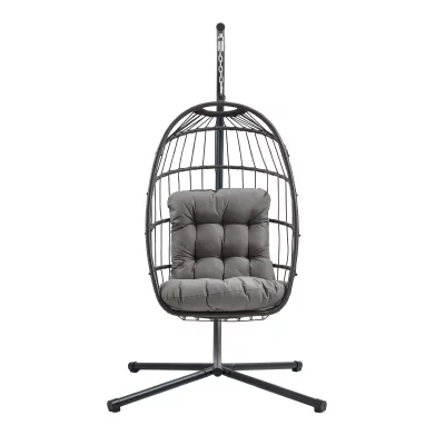 MONSTERSHOP Fauteuil &OElig;uf Suspendu en Rotin Noir Pliante Ext&eacute;rieur Int&eacute;rieur Housse INCLUS
