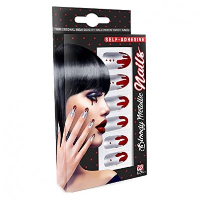 WIDMANN Faux ongles adh&eacute;sifs argents ensanglant&eacute;s femme Halloween