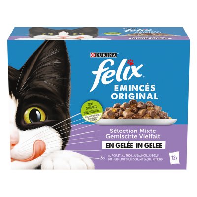 FELIX  &Eacute;minc&eacute;s Original en gel&eacute;e 12 x 85 g pour chat - s&eacute;lection mixte