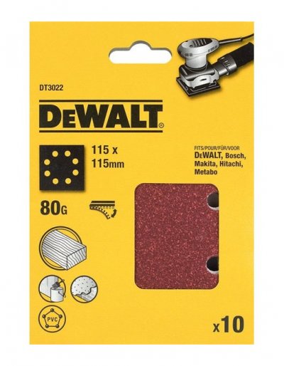 DEWALT Feuille abrasive  grain 80 - 115 x 115 mm - 10 pi&egrave;ces - DT3022
