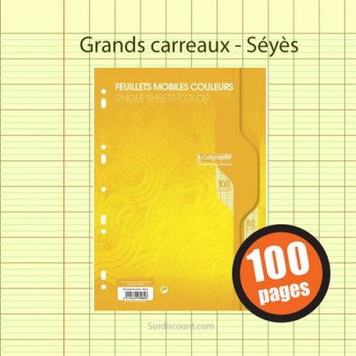 CLAIREFONTAINE Feuille simple jaune  A4 grand carreaux 80g - sachet de 50