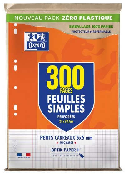 OXFORD Feuilles simples  perforees 300 pages 90g q5/5+marge