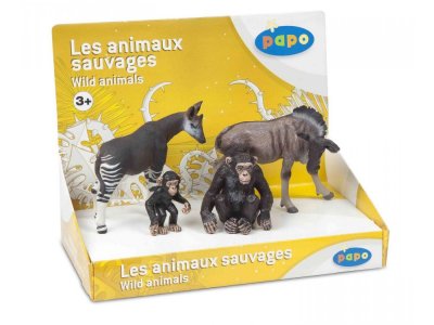 PAPO Figurine Animaux sauvages - Coffret : Okapi, Chimpanz&eacute;s, Gnou