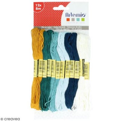 ARTEMIO Fils en coton  Honey - Bleu, ocre, blanc - 12 &eacute;chevettes de 8 m&egrave;tres