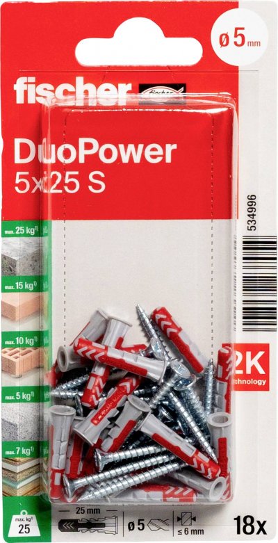 FISCHER  - Blister 18 chevilles+des vis duopower &oslash;5x25mm 534996