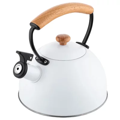 FLORINA , wooden bouilloire &agrave; induction th&eacute;i&egrave;re sifflet 2,3l acier inox. Poign&eacute;e en bois, , blanc