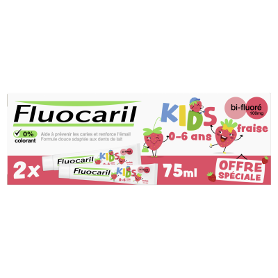 FLUOCARIL  Kids Dentifrice Bi-Fluor&eacute; 0-6 Ans Fraise 2 x 75 ml - Lot 2 x 75 g