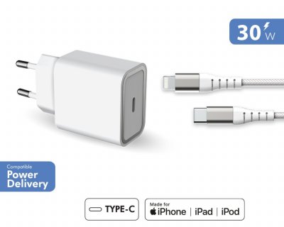 FORCE POWER LITE Force Power Chargeur Secteur 30w Power Delivery + C&acirc;ble Usb C/lightning Blanc
