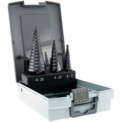 TIVOLY Forets m&eacute;taux coniques &eacute;tag&eacute;s HSS rev&ecirc;tu TiAlN 4-12 / 4-20 / 4-30 mm Coffret de 3 pi&egrave;ces