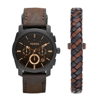 FOSSIL  Coffret montre Machine chronographe en cuir marron et bracelet